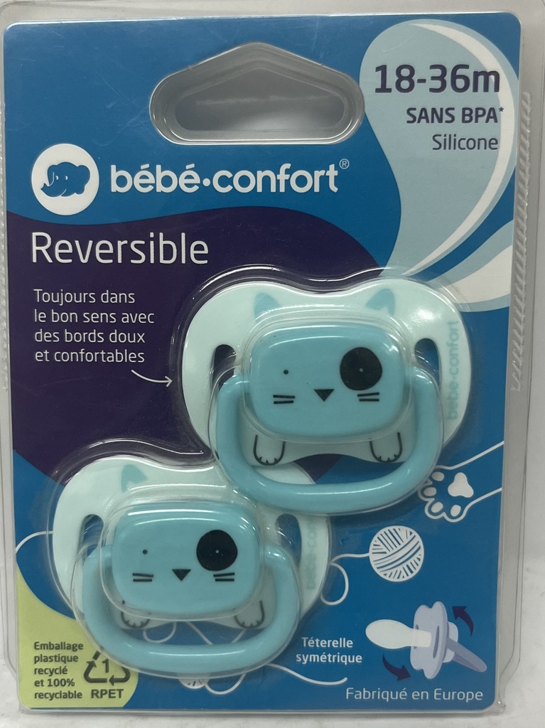 BB CONF SUCETTES REVERSIBLES 18/36 M SILICONE ANIMALS BLEU X2 7003