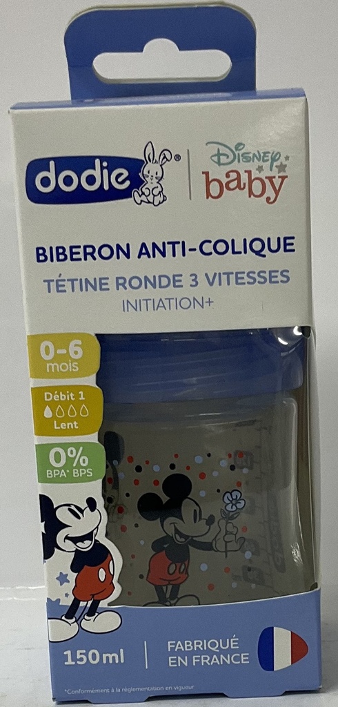 DODIE BIB INI+ 150 ML MICKEY BLEU 0-6 MOIS TETINE RONDE 3 VITESSES DEBIT 1 7620