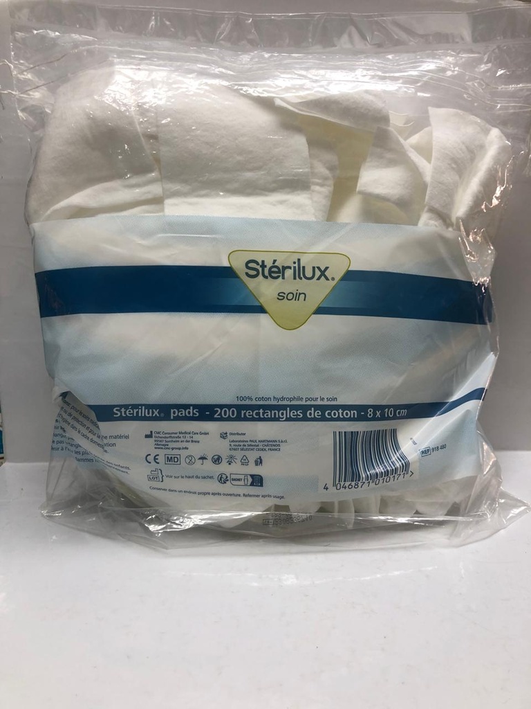 HRTM STERILUX COTON PADS RECTANGLES DE COTON 8*10CM X200U 918409 / 918480         